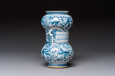 A blue and white Italian maiolica albarello with foliage design, Rome, early 17th C.
