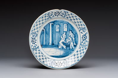 Six blue and white Dutch Delft 'Biblical Subject' plates, probably Friesland, Makkum, 18th C.