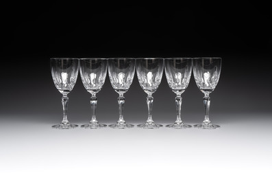 A French crystal wine cooler, six champagne flutes, six wine glasses and six water glasses, in original Arnauld de Brissac boxes, 1970s