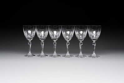 A French crystal wine cooler, six champagne flutes, six wine glasses and six water glasses, in original Arnauld de Brissac boxes, 1970s