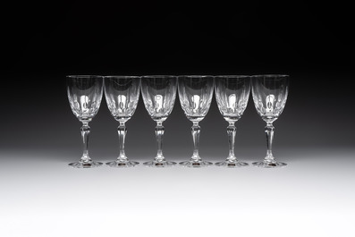 A French crystal wine cooler, six champagne flutes, six wine glasses and six water glasses, in original Arnauld de Brissac boxes, 1970s