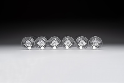 A French crystal wine cooler, six champagne flutes, six wine glasses and six water glasses, in original Arnauld de Brissac boxes, 1970s