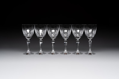 A French crystal wine cooler, six champagne flutes, six wine glasses and six water glasses, in original Arnauld de Brissac boxes, 1970s