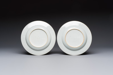Two Chinese famille rose 'Magpie and Peony' plates with bianco-sopra-bianco rims, Yongzheng