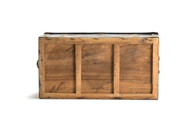 A Chinese export brass-bound black leather travel trunk, 19th C.