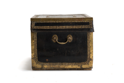 A Chinese export brass-bound black leather travel trunk, 19th C.
