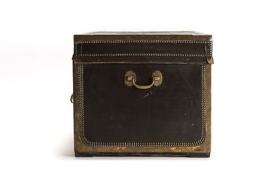 A large Chinese export brass-bound black leather travel trunk with engraved 'H.H.J. Coops' plaque, 19th C.