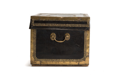 A Chinese export brass-bound black leather travel trunk, 19th C.