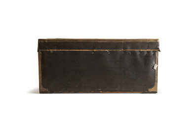A large Chinese export brass-bound black leather travel trunk with engraved 'H.H.J. Coops' plaque, 19th C.