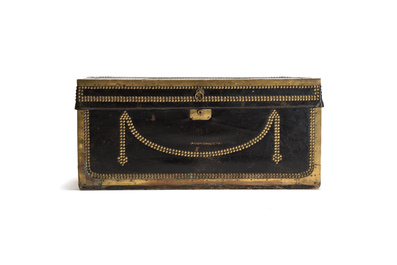 A Chinese export brass-bound black leather travel trunk, 19th C.
