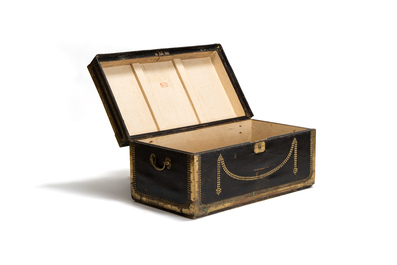 A Chinese export brass-bound black leather travel trunk, 19th C.