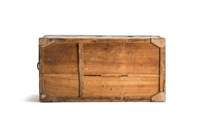 A large Chinese export brass-bound black leather travel trunk with engraved 'H.H.J. Coops' plaque, 19th C.