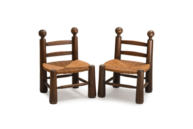 A pair of chairs in oak and straw, attributed to Charles Dudouyt, France, mid 20th C.