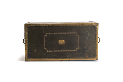 A large Chinese export brass-bound black leather travel trunk with engraved 'H.H.J. Coops' plaque, 19th C.