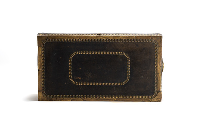 A Chinese export brass-bound black leather travel trunk, 19th C.