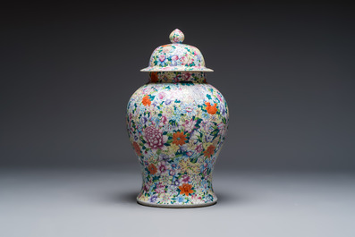 A large Chinese famille rose 'Millefleurs' baluster vase and cover, Yongzheng mark, Republic