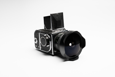 A Kiev 88 with Zodiak-B 30mm F3.5 fisheye lens, waist-level viewfinder and film back