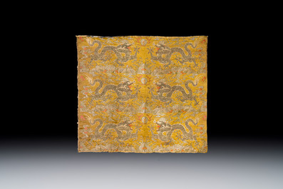 Two Chinese yellow-ground kesi silk 'Dragon' panels, late Ming