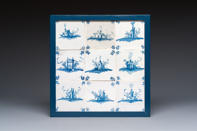 Six blue, white and manganese Dutch Delft tile panels, 18th C.