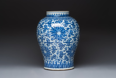 A large Chinese blue and white 'Lotus Scroll' baluster vase with later gilt-bronze lamp mounts, Kangxi