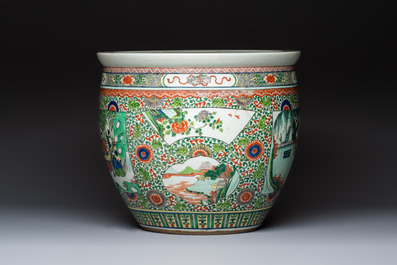 A Chinese famille verte 'Zhu Lin Qi Xian 竹林七賢' and 'Xi Xiang Ji' fish bowl or jardini&egrave;re, 19th C.