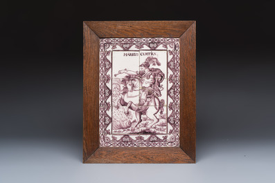 Six blue, white and manganese Dutch Delft tile panels, 18th C.