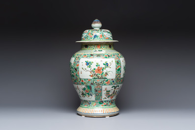 A large Chinese famille verte baluster vase and cover with animals, flowers and antiquities, Chenghua mark, 19th C.