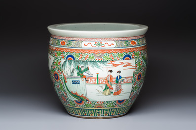 A Chinese famille verte 'Zhu Lin Qi Xian 竹林七賢' and 'Xi Xiang Ji' fish bowl or jardini&egrave;re, 19th C.