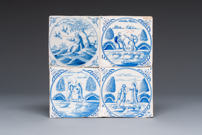 Six blue, white and manganese Dutch Delft tile panels, 18th C.