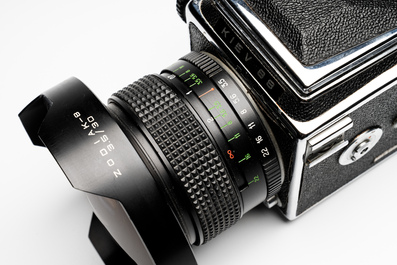 A Kiev 88 with Zodiak-B 30mm F3.5 fisheye lens, waist-level viewfinder and film back