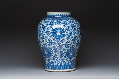 A large Chinese blue and white 'Lotus Scroll' baluster vase with later gilt-bronze lamp mounts, Kangxi
