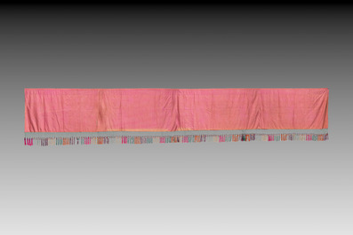 An extremely large Chinese red-ground embroidered silk 'Sanxing and Eight Immortals' panel, 19th C.