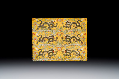 Two Chinese yellow-ground kesi silk 'Dragon' panels, late Ming