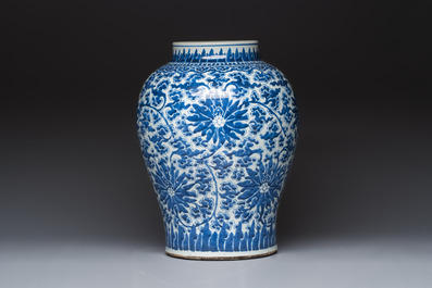 A large Chinese blue and white 'Lotus Scroll' baluster vase with later gilt-bronze lamp mounts, Kangxi
