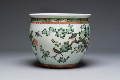 A Chinese famille verte 'Birds among Flowering Branches' fish bowl or jardini&egrave;re, 19th C.