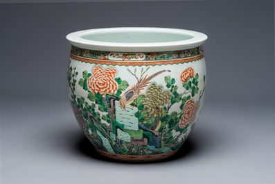 A Chinese famille verte 'Birds among Flowering Branches' fish bowl or jardini&egrave;re, 19th C.