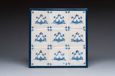 Six blue, white and manganese Dutch Delft tile panels, 18th C.