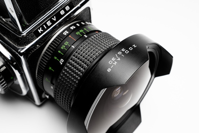 A Kiev 88 with Zodiak-B 30mm F3.5 fisheye lens, waist-level viewfinder and film back