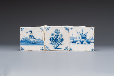Six blue, white and manganese Dutch Delft tile panels, 18th C.