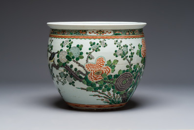 A Chinese famille verte 'Birds among Flowering Branches' fish bowl or jardini&egrave;re, 19th C.