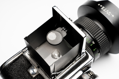 A Kiev 88 with Zodiak-B 30mm F3.5 fisheye lens, waist-level viewfinder and film back