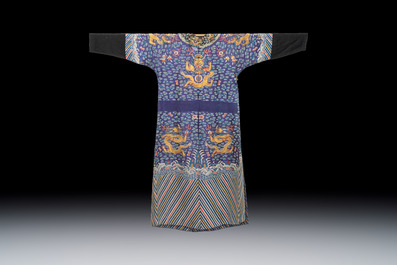 A Chinese blue-ground embroidered silk summer gauze 'Dragon' robe, 'Ji Fu' 吉服, 19th C.