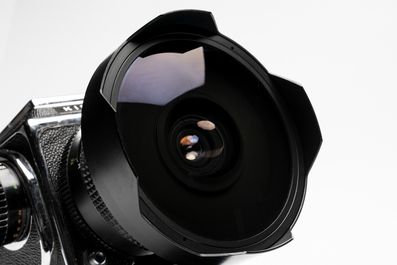 A Kiev 88 with Zodiak-B 30mm F3.5 fisheye lens, waist-level viewfinder and film back
