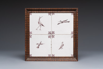 Six blue, white and manganese Dutch Delft tile panels, 18th C.