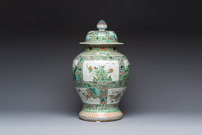 A large Chinese famille verte baluster vase and cover with animals, flowers and antiquities, Chenghua mark, 19th C.