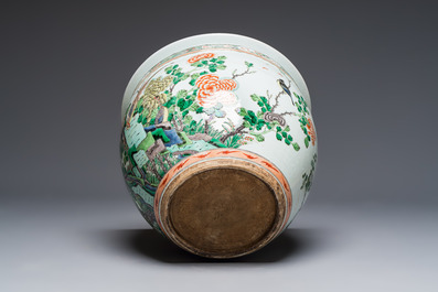 A Chinese famille verte 'Birds among Flowering Branches' fish bowl or jardini&egrave;re, 19th C.