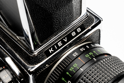 A Kiev 88 with Zodiak-B 30mm F3.5 fisheye lens, waist-level viewfinder and film back