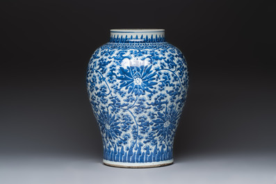 A large Chinese blue and white 'Lotus Scroll' baluster vase with later gilt-bronze lamp mounts, Kangxi