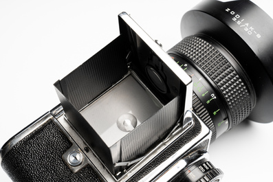 A Kiev 88 with Zodiak-B 30mm F3.5 fisheye lens, waist-level viewfinder and film back