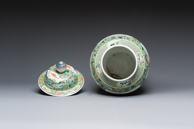 A large Chinese famille verte baluster vase and cover with animals, flowers and antiquities, Chenghua mark, 19th C.